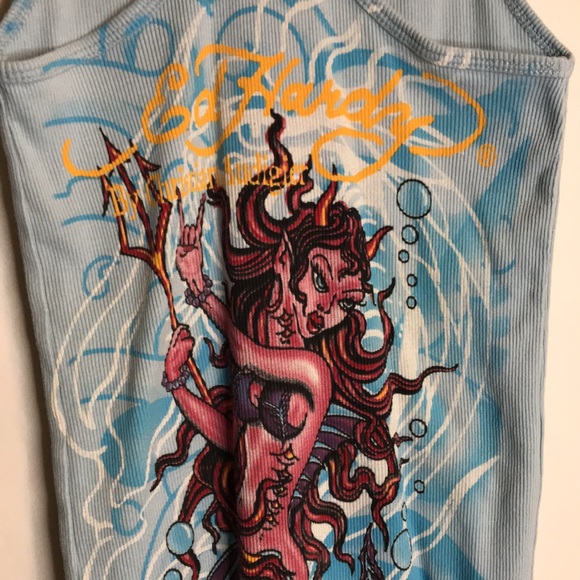Ed Hardy by Christian Audigier women’s light blue tank top. Koi mermaid Sz OS - Picture 4 of 8